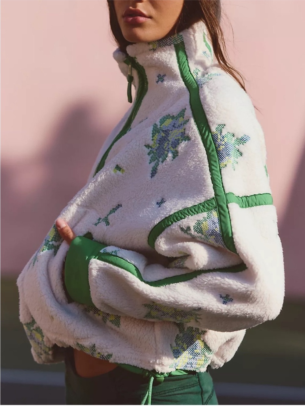 Free People FP Movement Mountain High 1/2 Zip Fleece in Ivory and Green Floral
